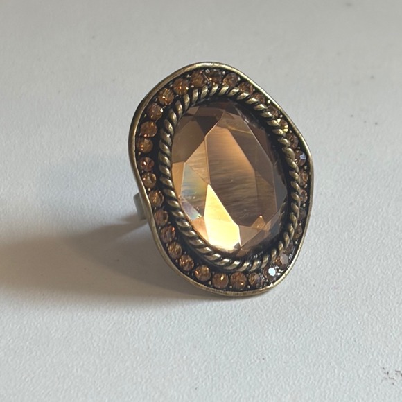 Jewelry - Vintage Style Oval Amber Rhinestone Statement Ring Antique Brass Tone Adjustable
